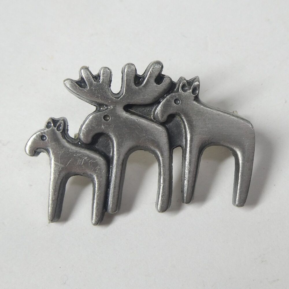 Moose Family Brooch Vintage Pewter Pin MCM Sweden Scandinavian